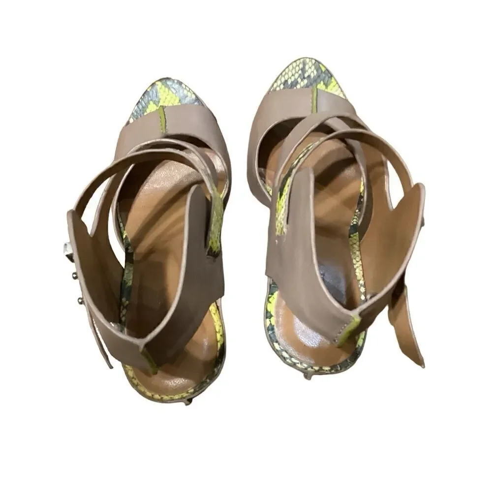 Rachel Roy Devyn Snake-Print Strappy Sandal Taupe/Lime Sz 7.5